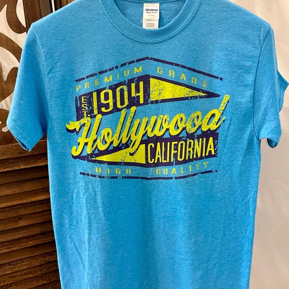 Blue Graphic Gildan T-Shirt with Yellow and Purple Print - Picture 3 of 5